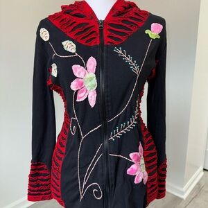 Nepal Hoodie M Black Red Floral Appliqué Patchwork Zip‎ Cotton Festival Boho